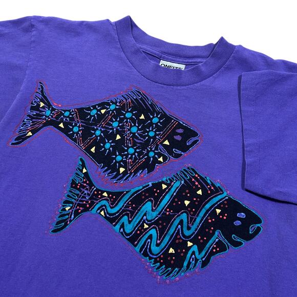 Oneita Other - Vintage 90s Abstract Fish Art T-Shirt Mens Large Graphic T-Single Stitch USA